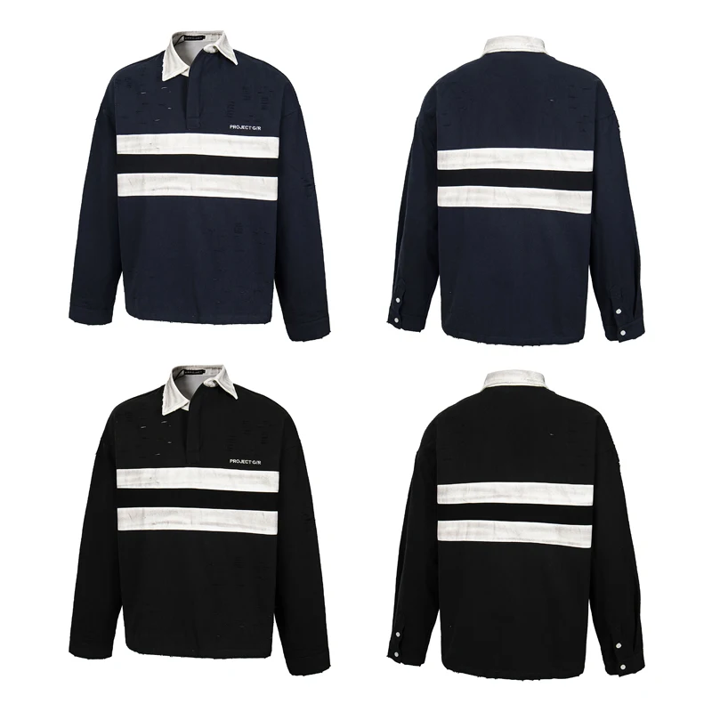 

Stain Project GR Hole Damaged Polo Shirt Loose Long Sleeve T-shirt Men Women Classic Big Dirty Stripe Casual Thicken Sweatshirts