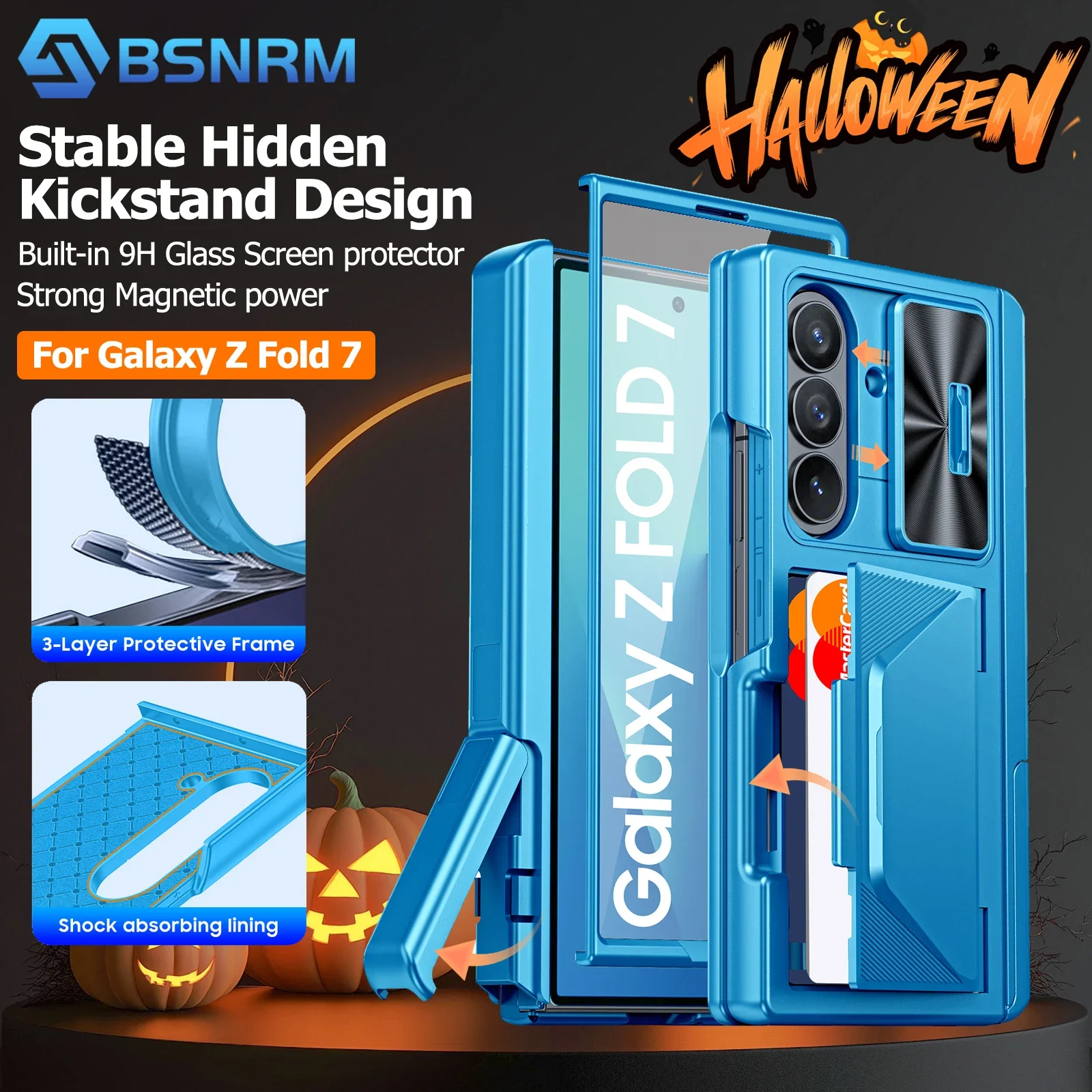 

Подарки на Хэллоуин, держатель RFID-карты, скрытый кронштейн, крышка камеры, противоударный чехол для телефона Samsung Galaxy Z Fold 7-голубой