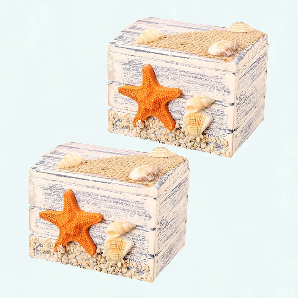 2Pcs Wooden Jewelry Box Mediterranean Style Storage Organizer Sundries Case Desktop Decoration Gift Box Sea Star Pattern