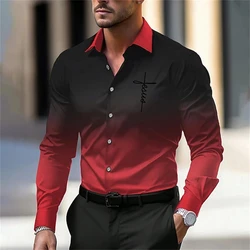 New Men's Fashion Long-sleeved Shirt Gradient Cross Printed T-shirt Tops Elegant Men's Party Commuter Wear Fall Lapel Shirt