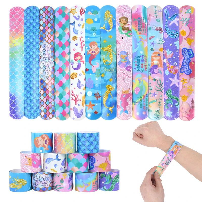 

12pcs Mermaid Clap Circle Toys Mermaid Theme Party Decoration Girl Birthday Party Gifts Under The Sea Baby Shower Slap Bracelets