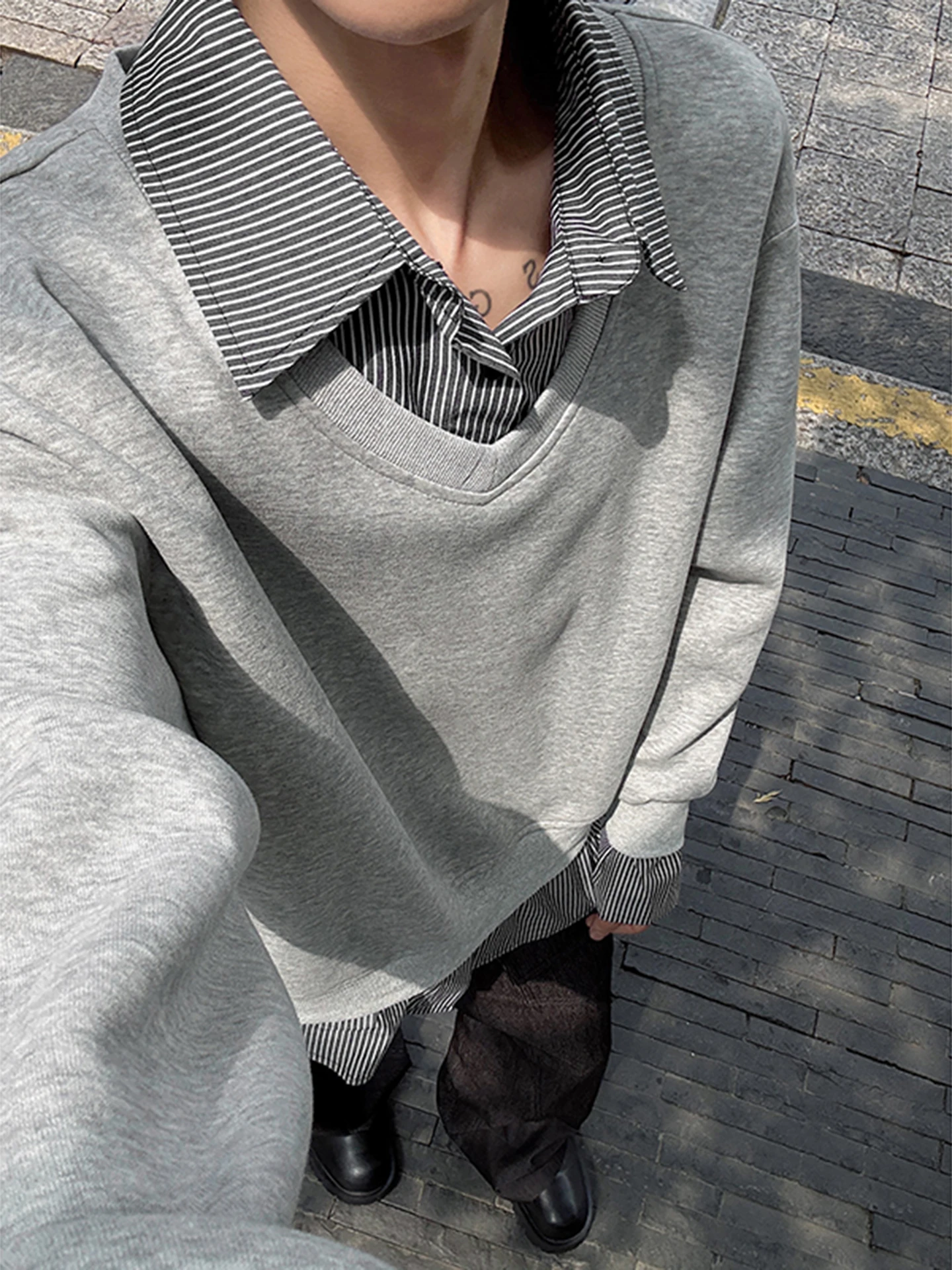 

American Retro Splicing Long Sve irt Collar Sweatirt Men's Loose Fit Spring Autumn College Sle Breathable Comfortable