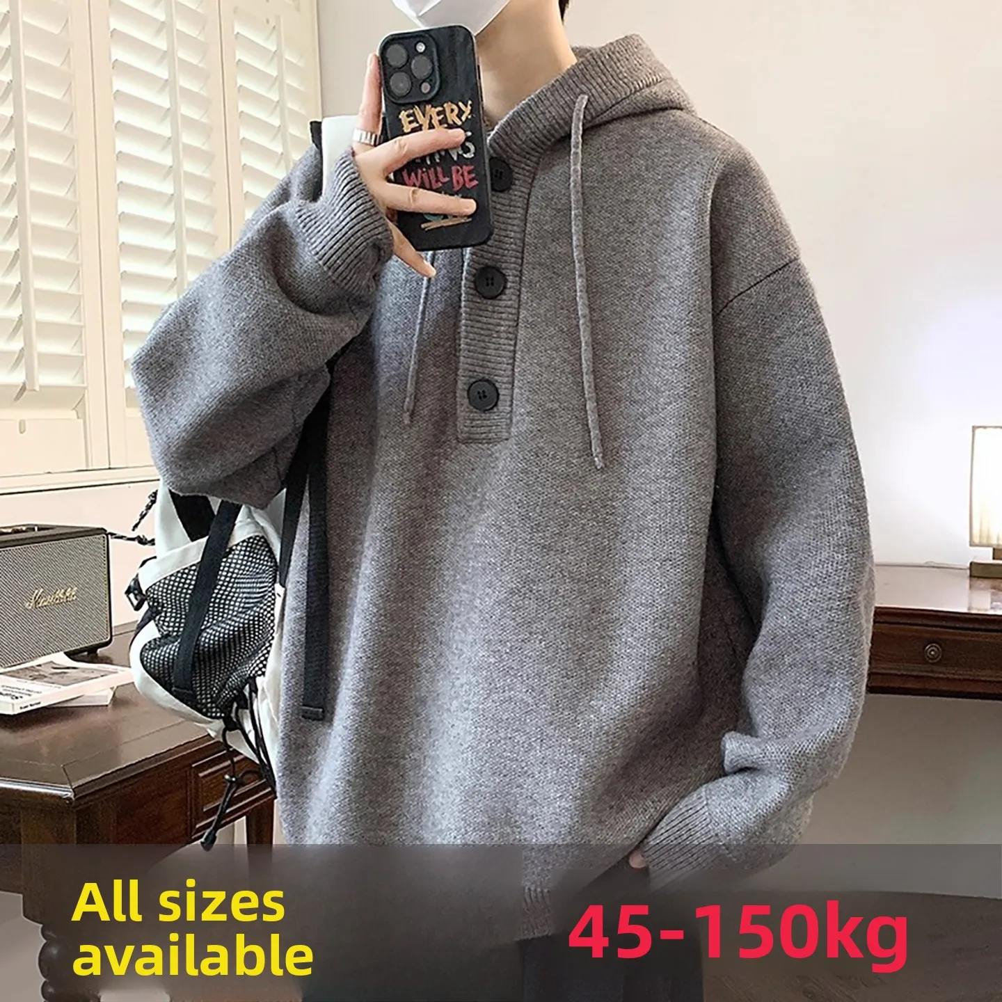 

ay American Retro Hooded Knitwear Men's Thiened Winter Leisure Sle Sweater Heavyweight Loose Large Size Coat