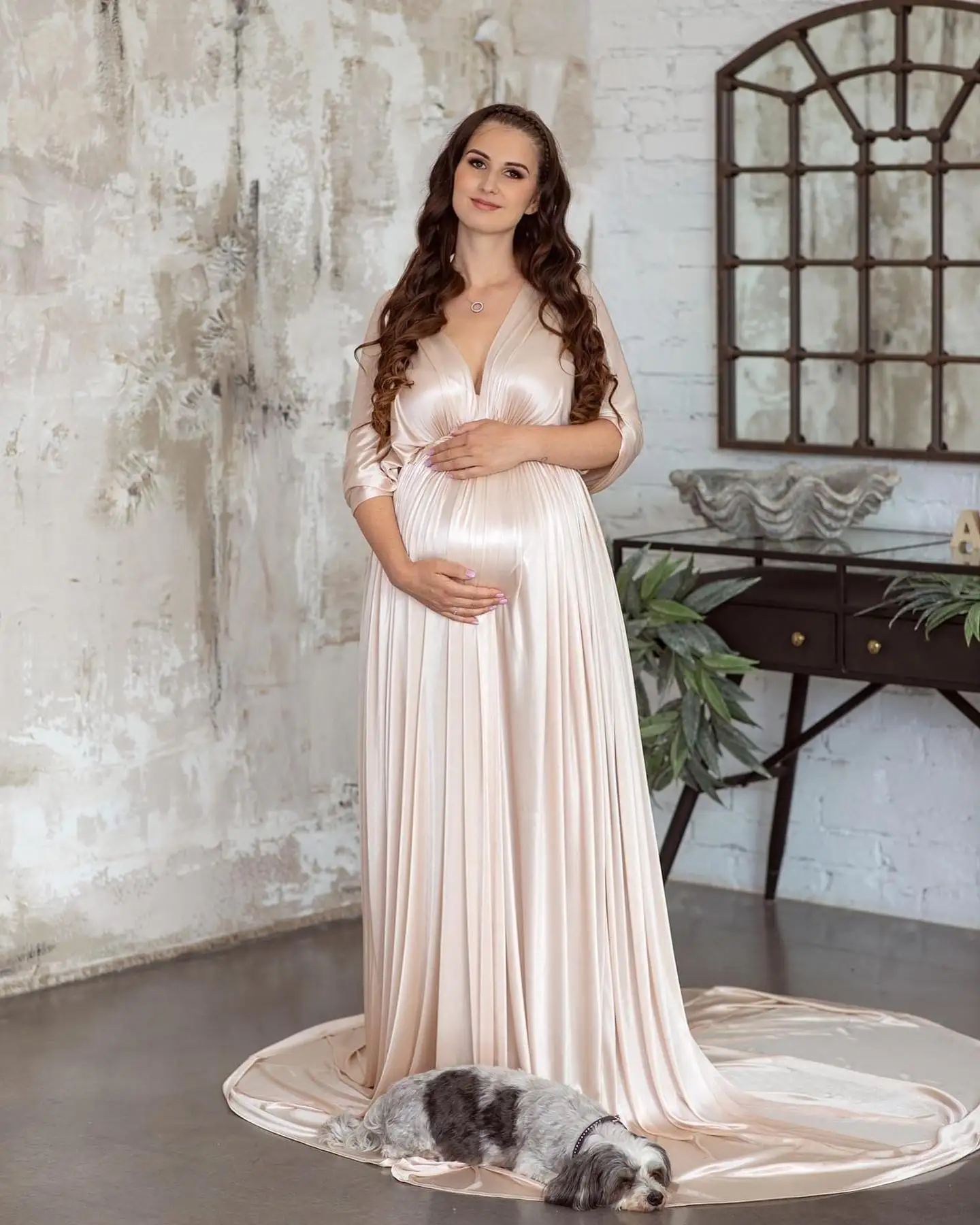

Silk Satin Prom Dresses Half Sleeves Baby Shower Gowns vestidos de festa V Neck Retro Maternity Dress