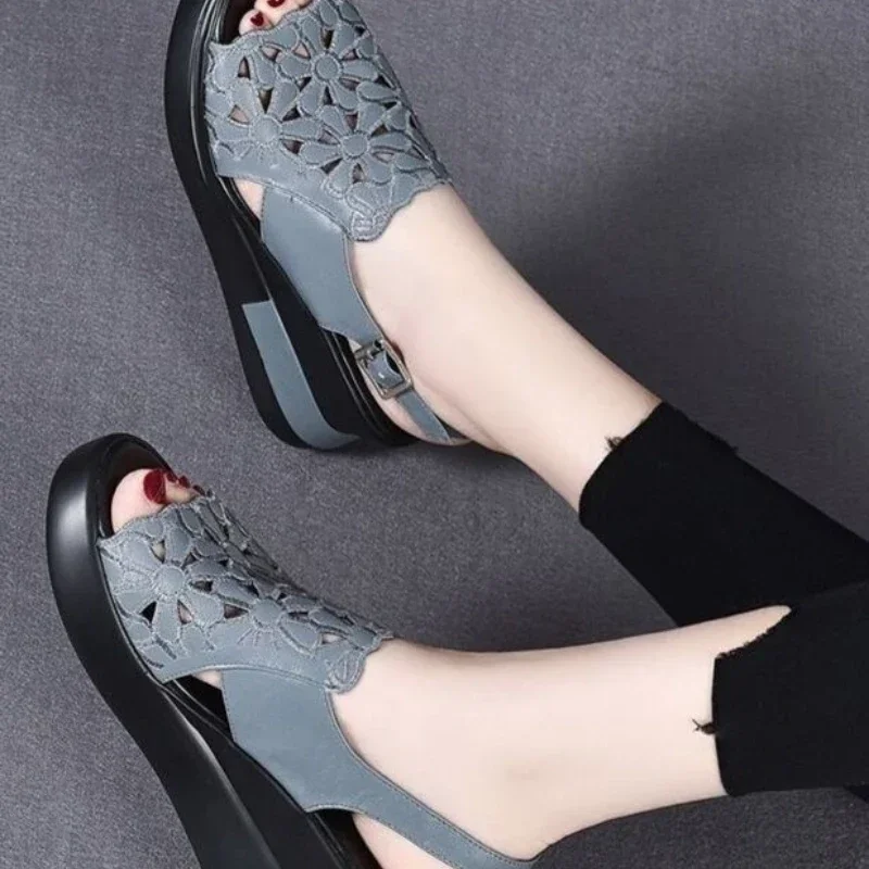 Summer Wedge Shoes for Women Sandals Open Toe Platform Hollow Flowers Retro Lady High Heel Buckle Strap Casual Female Sandalias