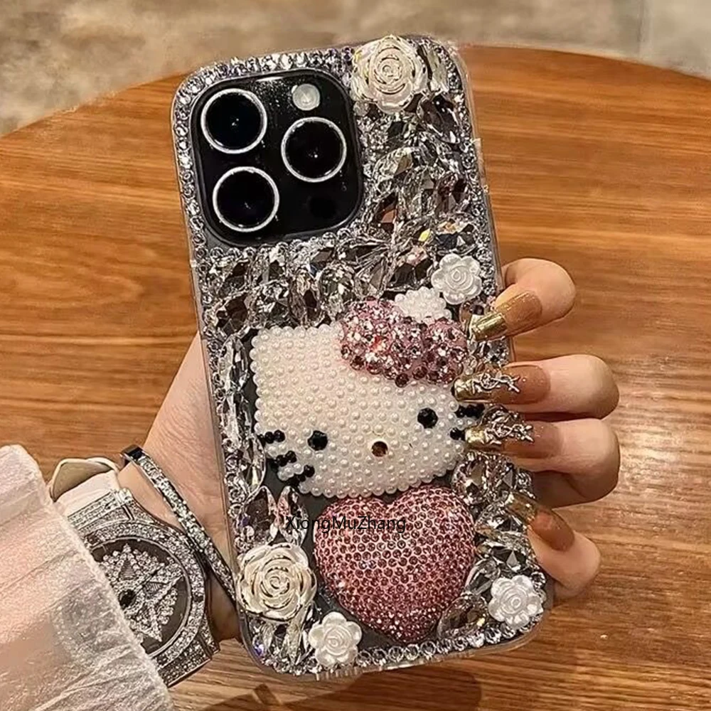 

3D Sanrio Hello Kitty IPhone Phone Case for IPhone 16 Plus 11 12 13 14 15 Pro Max 17 Girl Anti-drop Soft Cover Gift Rhinestone