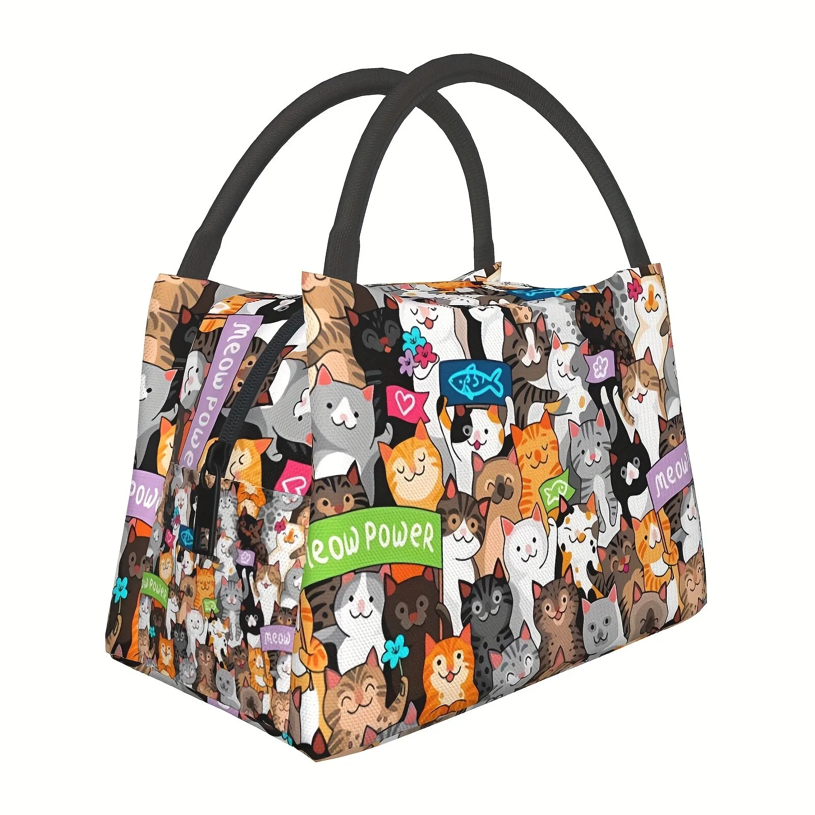 Cute Cat Pattern Portable Insulated Lunch Bag Unisex Reusable for Picnic Office Beach Trips