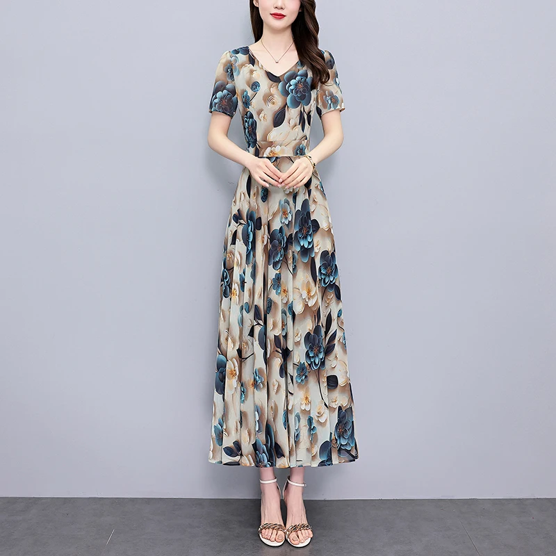 2025 Summer New Chiffon Floral Dress Women Elegant Fashion Bodycon Luxury Party Long Dress Korean Vintage Chic Prom Midi Vestido