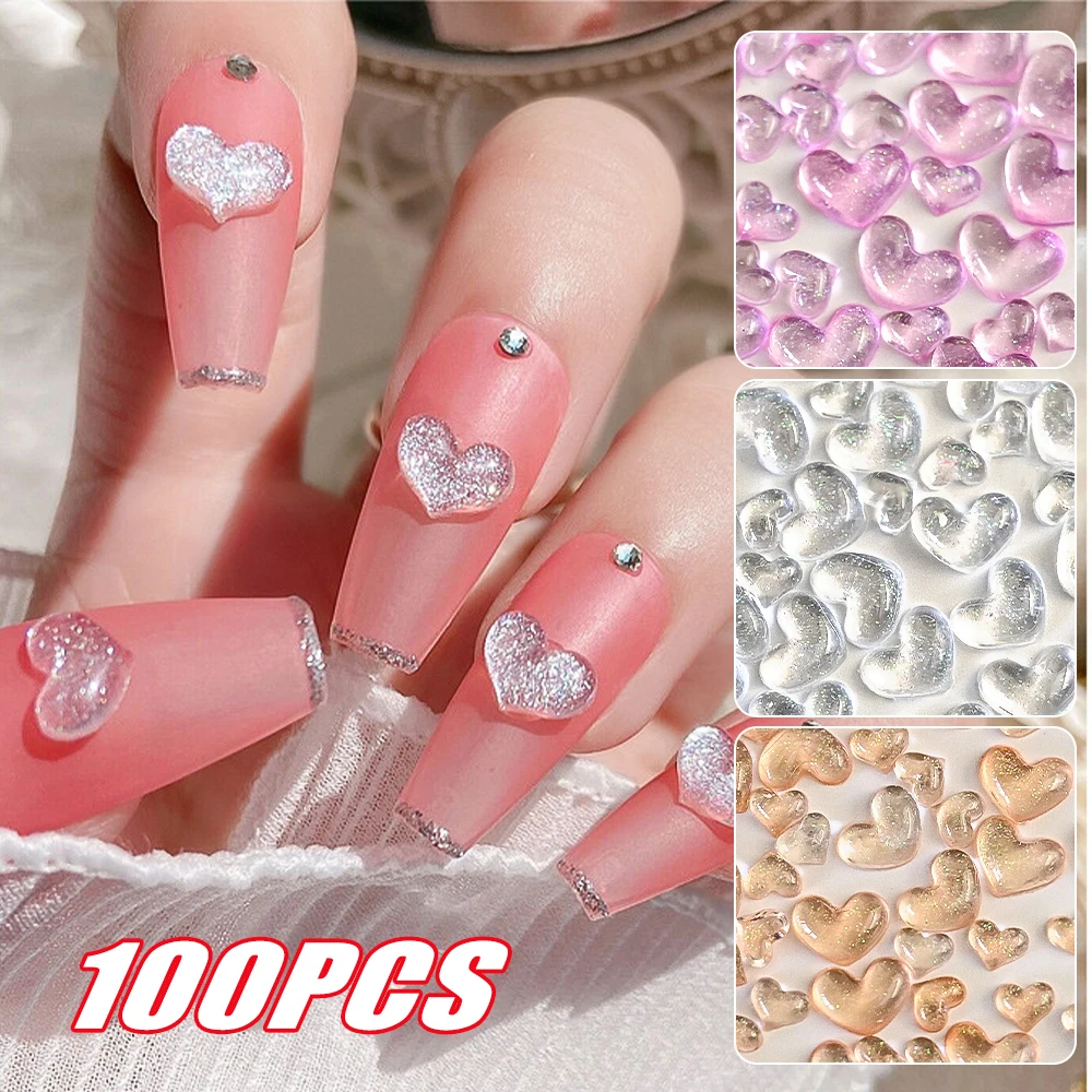 30/100pcs Sparkling Heart Crystal Nail Art Charms Pink Transparent Glitter Resin Love Flat Back Rhinestones DIY Nail Art Accesso