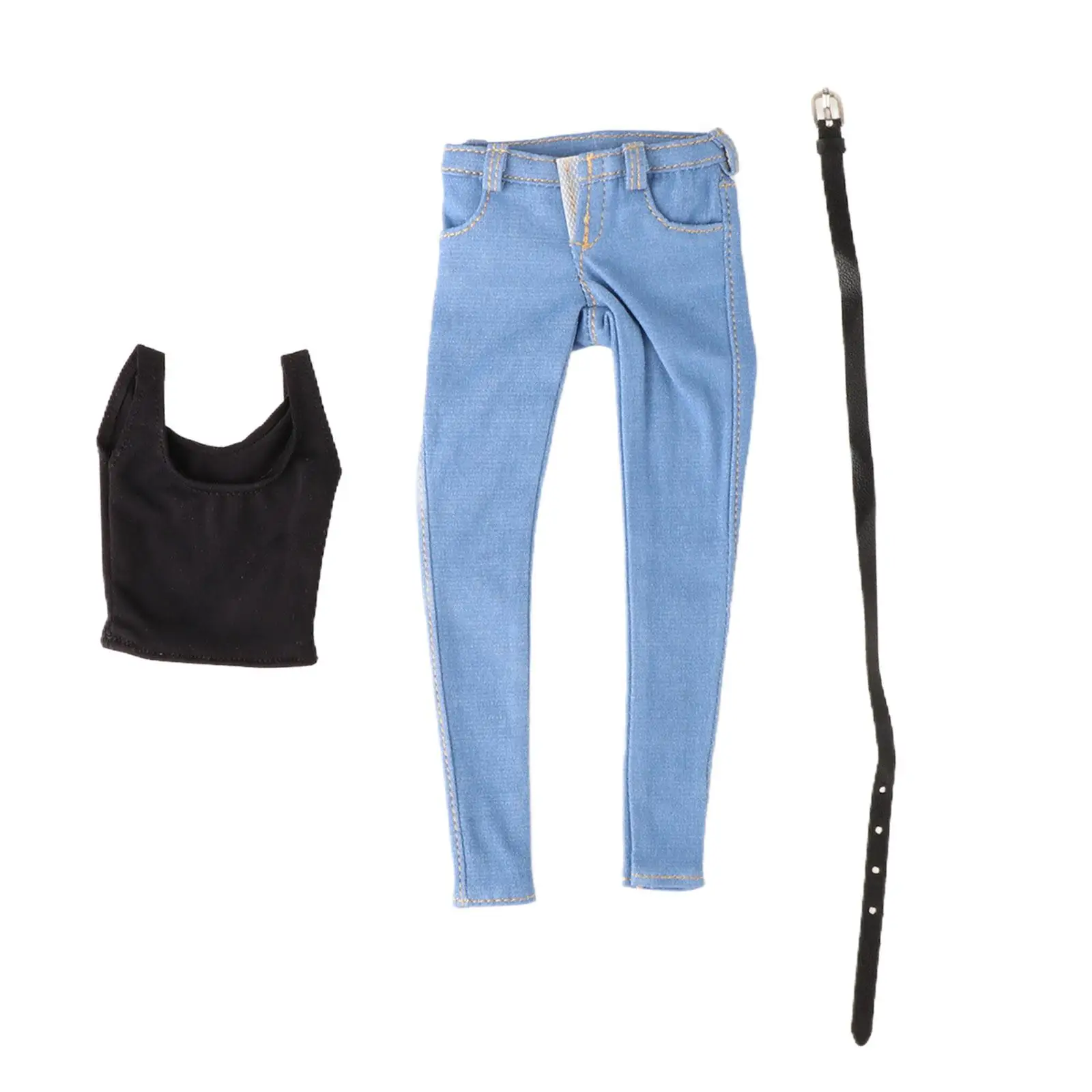 

1/6 Scale Female Clothes Set with Belt Stylish Handmade Costume Jeans with Belt and Vest Blue Denim Set for 12inch Action Figure