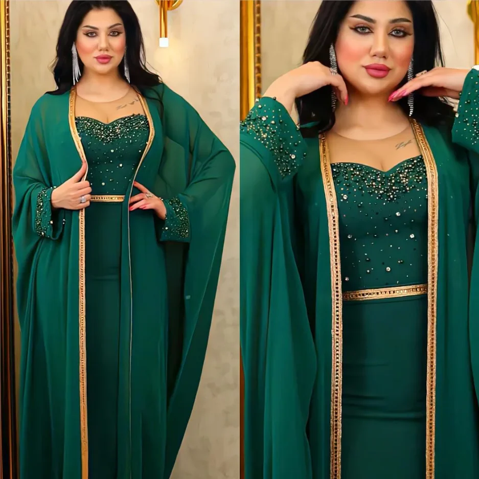 

Qatari Muslim Women's Light Luxury Dress Set, A Two-piece Dress Consisting of A Net Yarn Dress with Beaded Embellishments.
