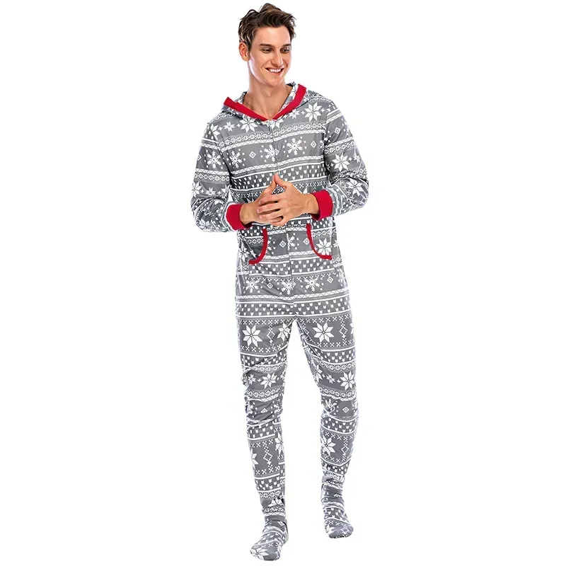 Men\'s Pajamas Home Wear Printed Pajamas Men\'s Long-sleeved One-piece Men\'s European and American Christmas Men\'s Pajamas Fall