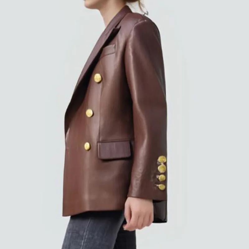 Hksh primavera outono nova jaqueta feminina de couro do plutônio cor sólida turn-down colarinho duplo breasted high-end blazer tendência casaco hk14189