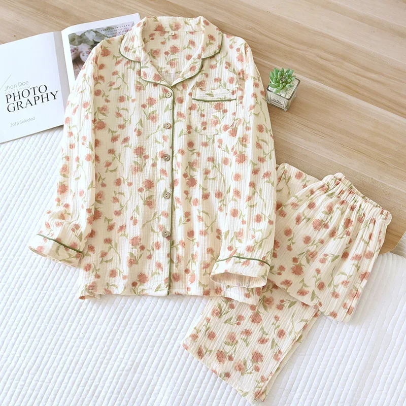 

Новинка весны и осени 2023 года, женские длинные брюки из 100% хлопка с креповым цветком и длинными рукавами, пижамный комплект из двух предметов, домашняя одежда