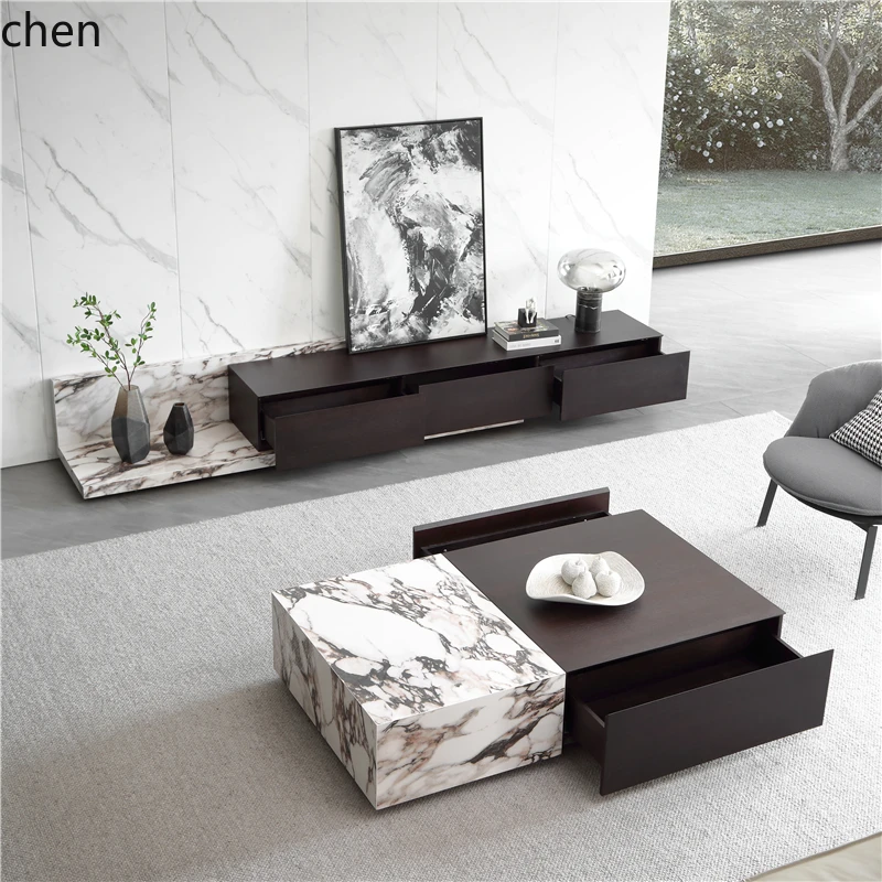 

WL light luxury square rock slab coffee table color matching combination living room home marble TV cabinet combination