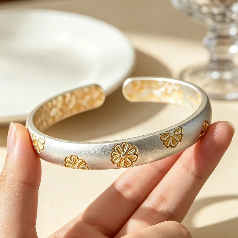 Chinese Style Elegant Art Galsang Flower Peach Blossom 925 Sterling Silver Resizable Opening Bracelet For Women Bangle BR423