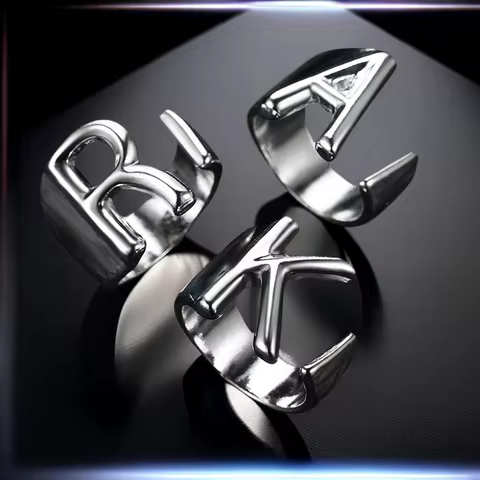 Hollow A-Z Letter Stainless Steel Adjustable Open Ring Gold Silver Color Initials Name Alphabet Party Chunky Wide Trendy Jewelry