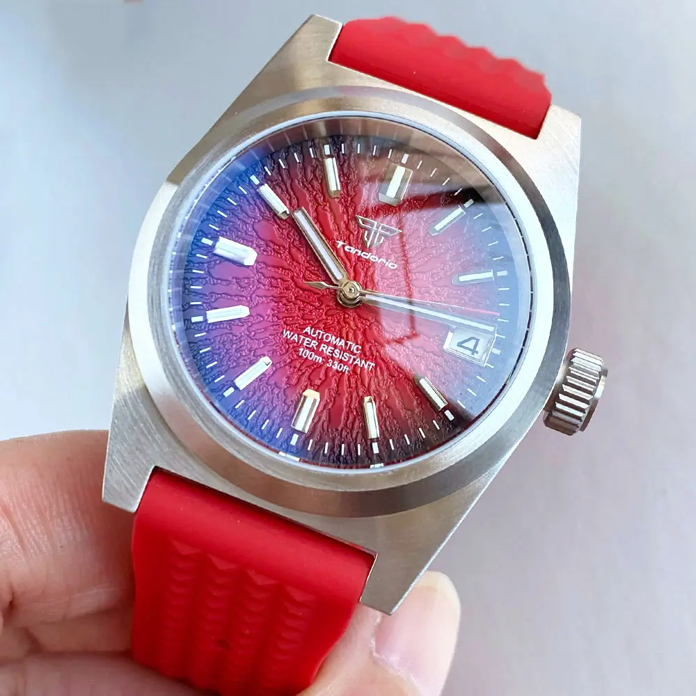 

Мужские автоматические часы Tandorio 38 мм с сапфировым стеклом AR, черным, синим и красным циферблатом, механизмом NH35, водонепроницаемостью 200 м, ремешком Waffle и прозрачной задней крышкой