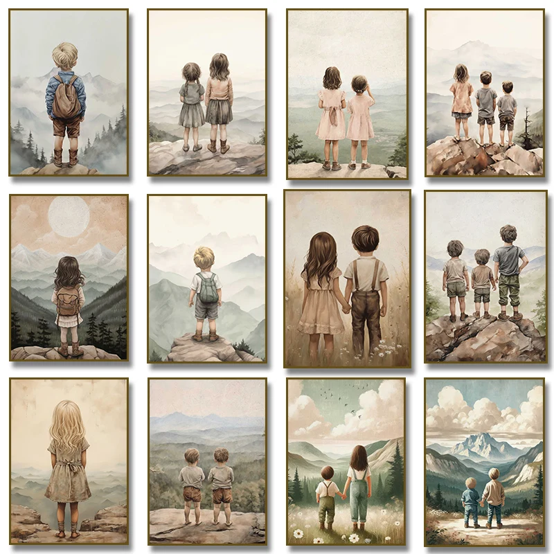 Brother & Sister Twins  Siblings Adventure Canvas Painting  Print Poster Wall Art, Girl and Boy Mountain Nursery Kids Room Decor