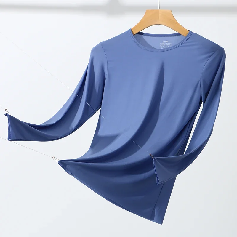 Men's Super Thin Ice Silk Thermal Undershirt Long Sleeve Solid Sheer T-Shirt Male Underwear Top for Cold Weather