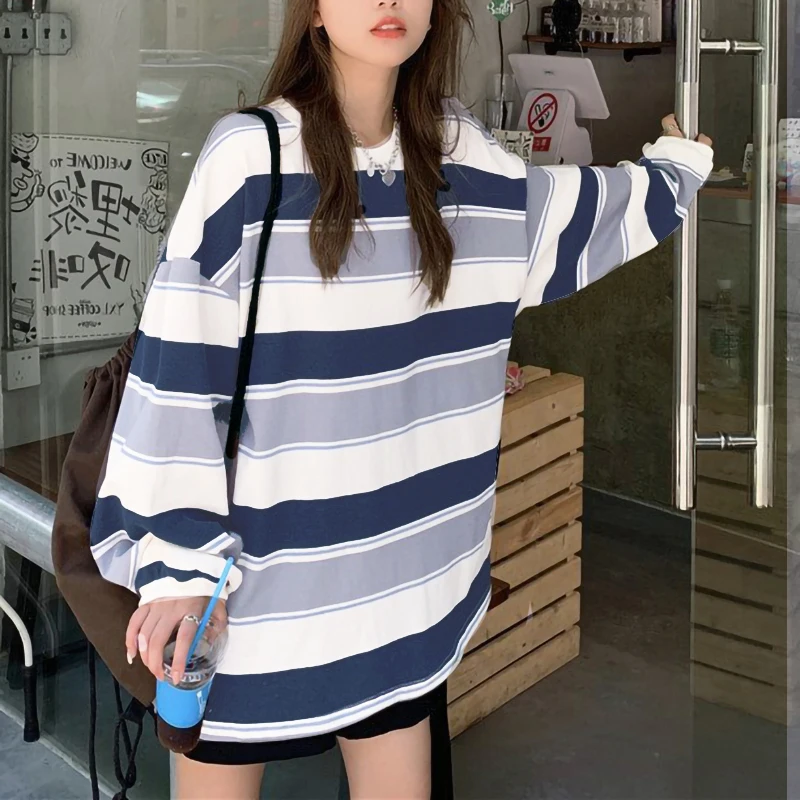 Women’s Casual Long Sleeve T-shirt Fashion Stripe Printing Round Neck Loose Pullover Tops