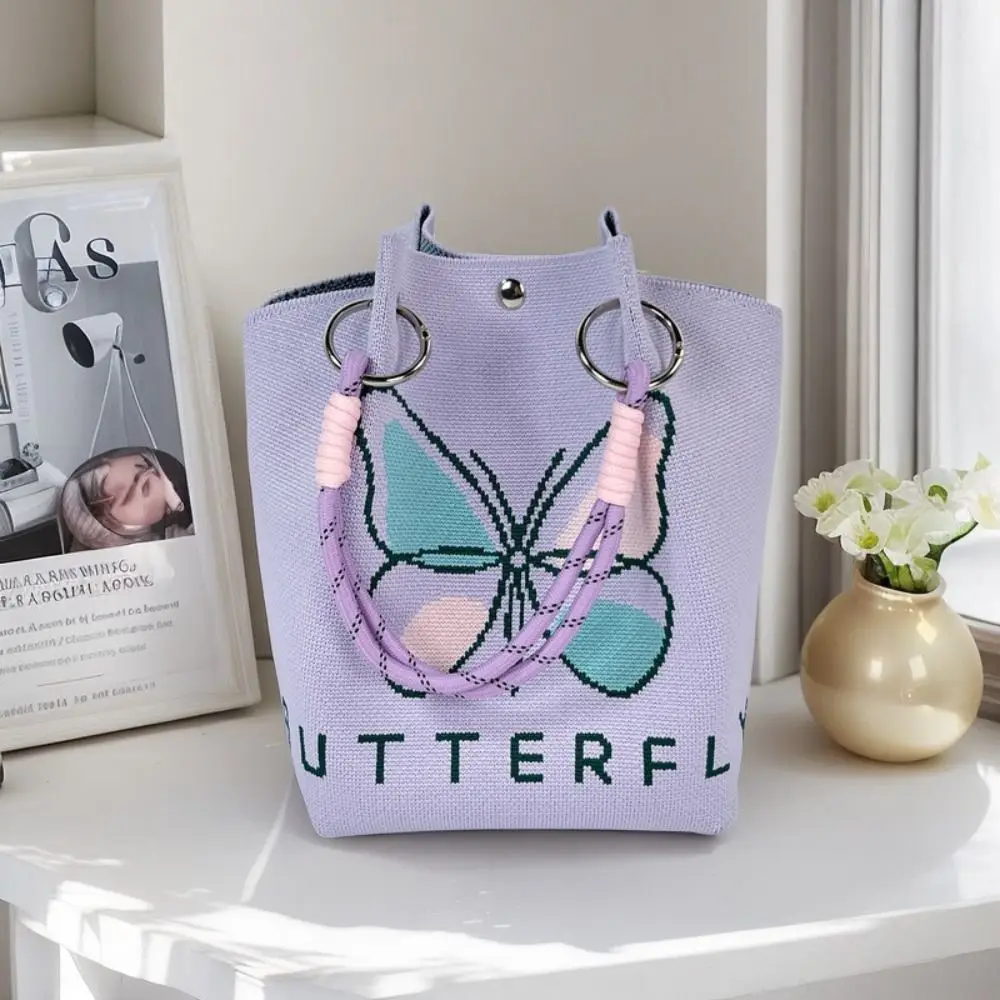 لطيف المحمولة محبوك حقيبة المعصم فراشة مطبوعة الأزهار متماسكة حقيبة يد العصرية محفظة نسج دلو حقيبة حقيبة تسوق #4