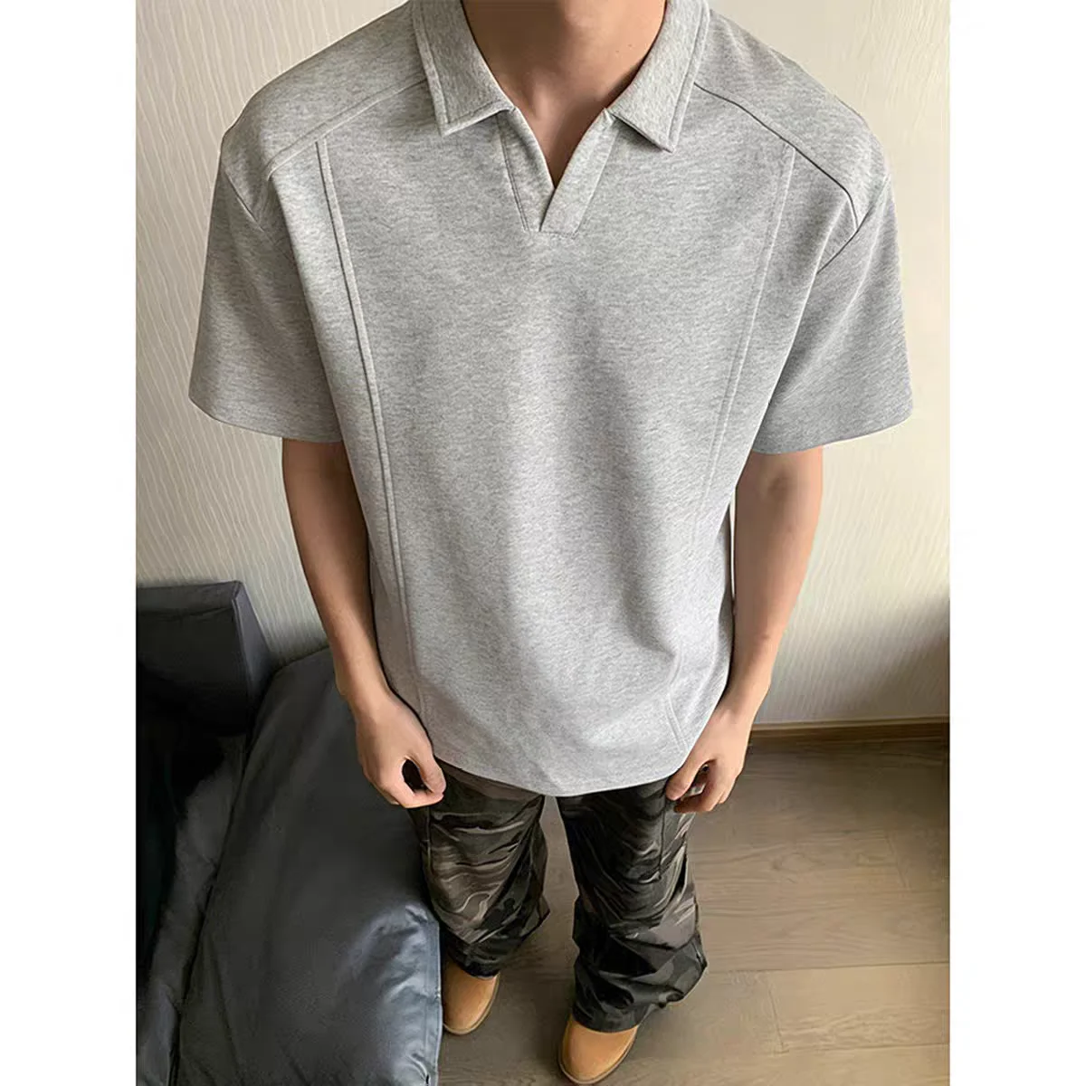 

American Style Patchwork Shirt Men's Short Sleeve Half Sleeve T-Shirt Heavyweight Summer Boxy Hardwearing Casual Fashion