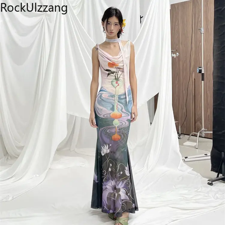 

Front Back Two-sided Double-sided Wear Midi Long Dress with Neck Tie Chinese Ink Oil Painting Design Maxi elegant y2k women slim