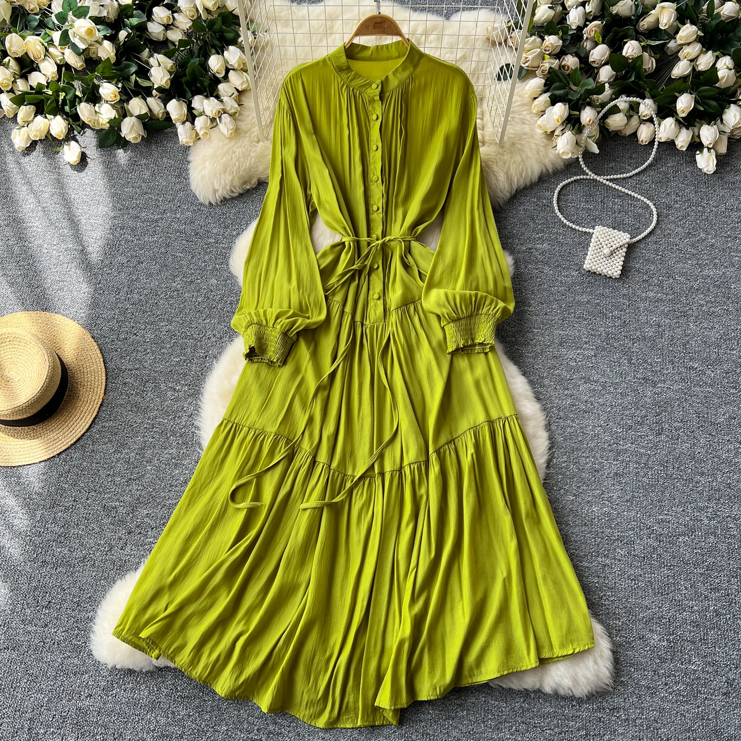 Retro Single Breasted loose Elegant Dress A-line o Neck lool sleeve Beach Vacation Dress Women Korean Fashion Summer Vestidos