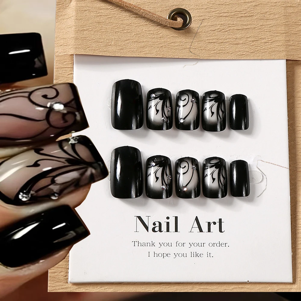 24pcs Advanced Black Fake Nails Orchid Grass Zircon Sweet Cool Girls False Nails Full Coverage Artificial Removable Nail Art