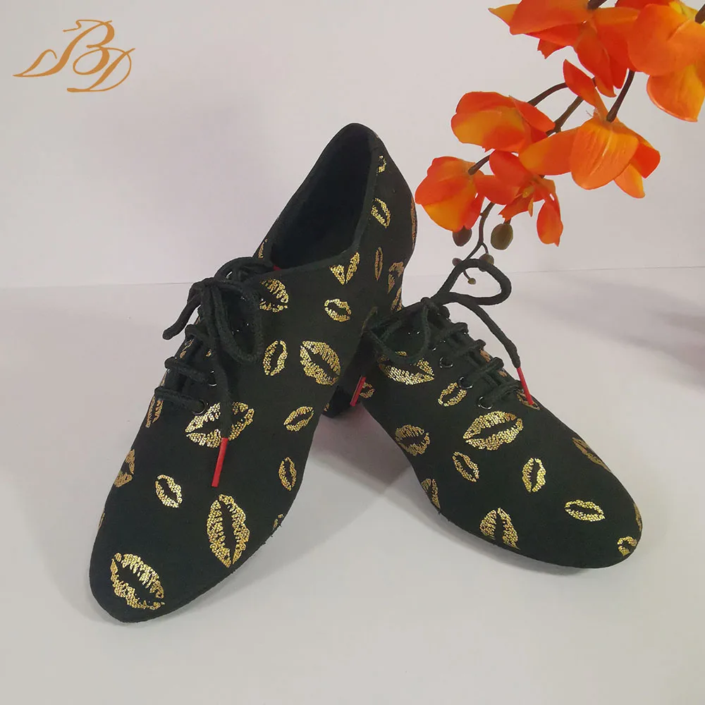 BD Dance Latin Dance Sandals Woman Practice Tango Shoes Sneakers Dance for Woman Perform Sports Fitness Adult Golden Lips T1-B