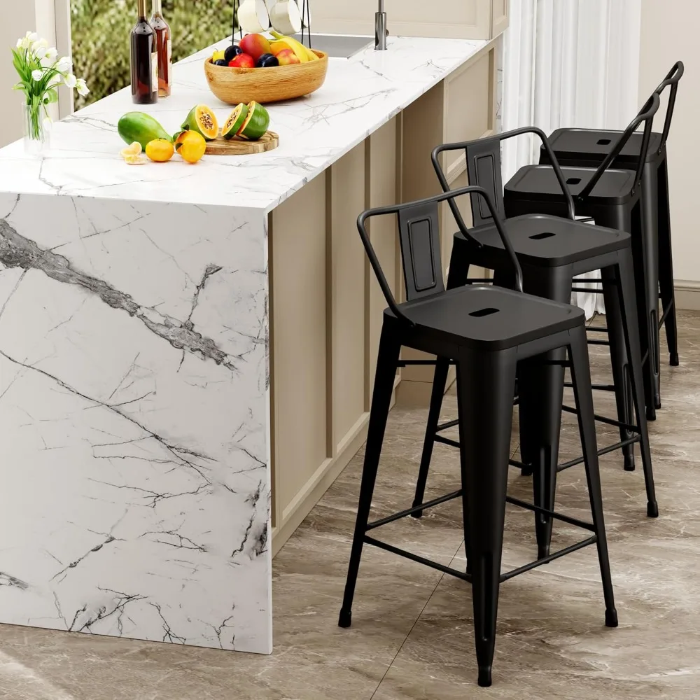 Juego de 4 taburetes de bar de metal de estilo industrial con soporte en X, negro mate, 30 pulgadas