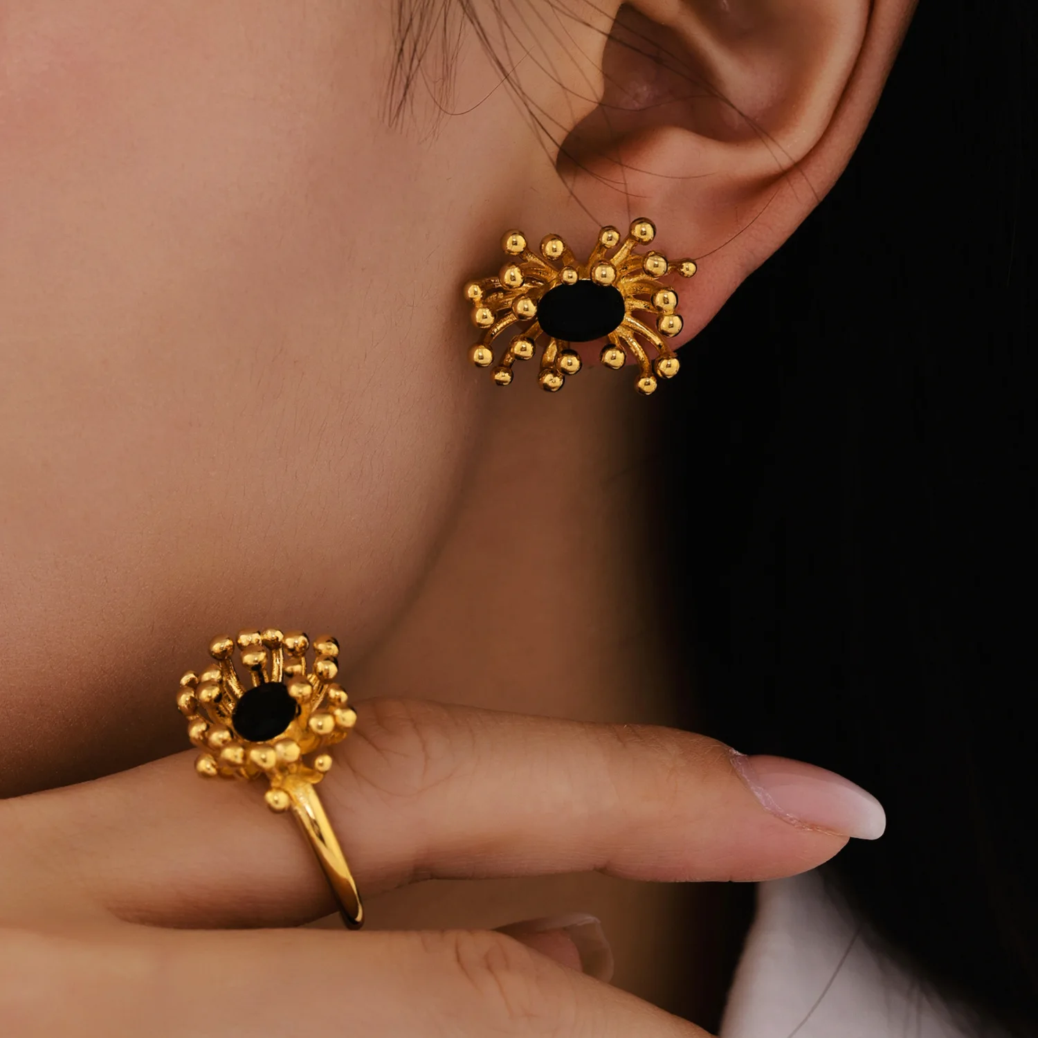 Ferris Wheel Stamen Design Stainless Steel Ring Earrings For Women Waterproof Gold Plated OL Luxury Ear Stud Daily Jewelry Gift