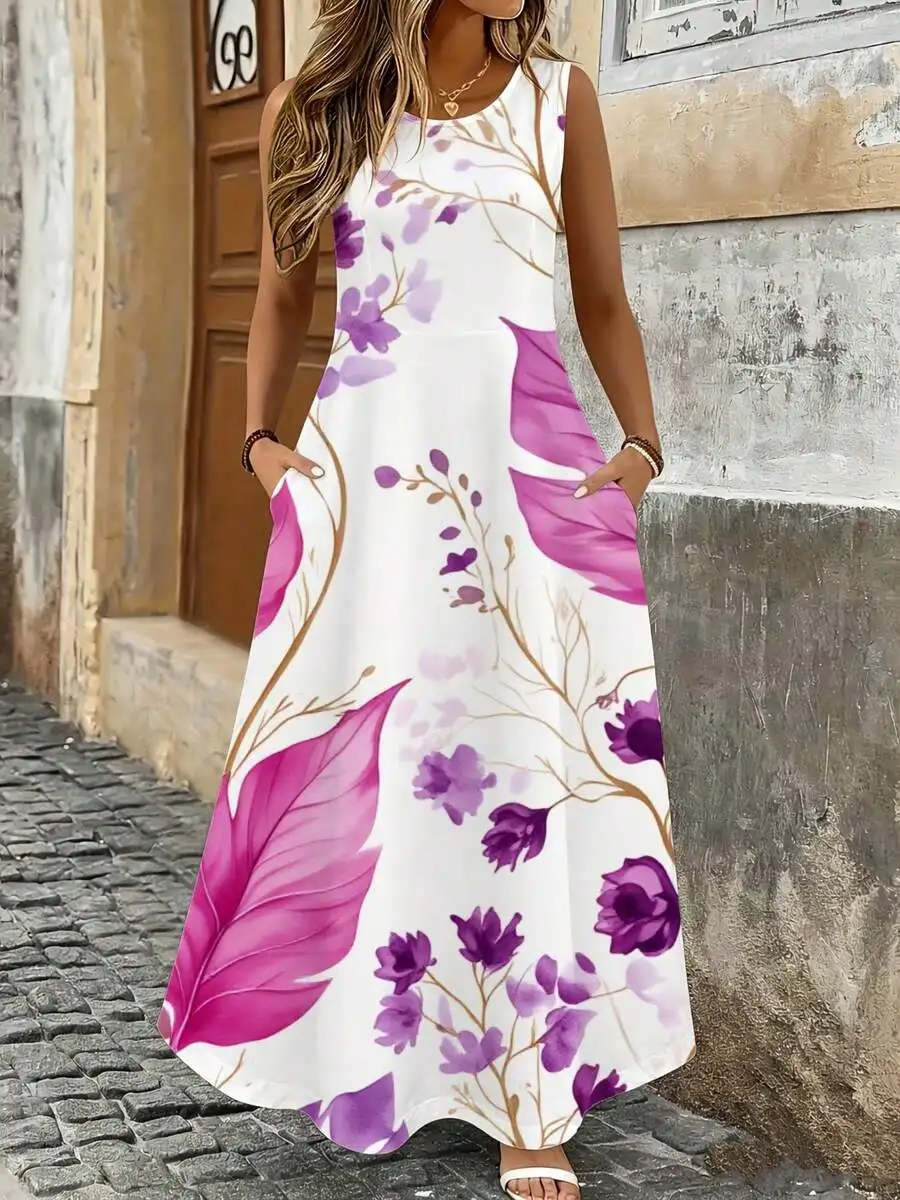 

Floral Maxi Dress White With Purple Pink Leaves Flowers Print Summer Beach Casual Wear