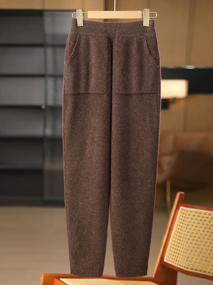 New Classy Autumn Winter Soft Thick Warm Wool Women Pencil Pants Woman 100% Merino Wool Trousers Elastic Waist Knited Wool Pants