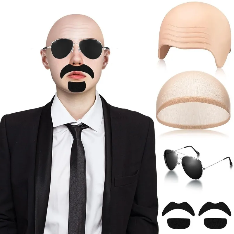 Glatze Kappen Gläser und Schnurrbart Glatze Perücke Kappe Party Kostüm Zubehör für Frauen Männer Halloween Cosplay (Falten) disfraz