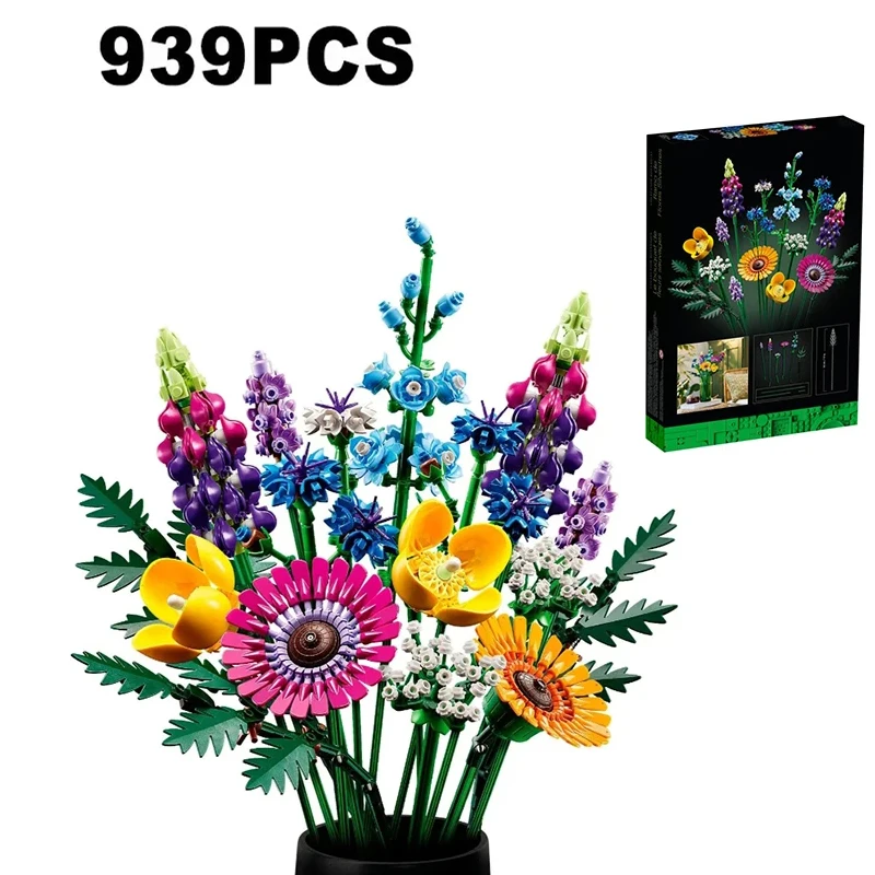 939pcs Wildflower Bouquet Home Decoration Accessories Building Blocks Creative Plant Series Giving Girlfriends Gifts 10313