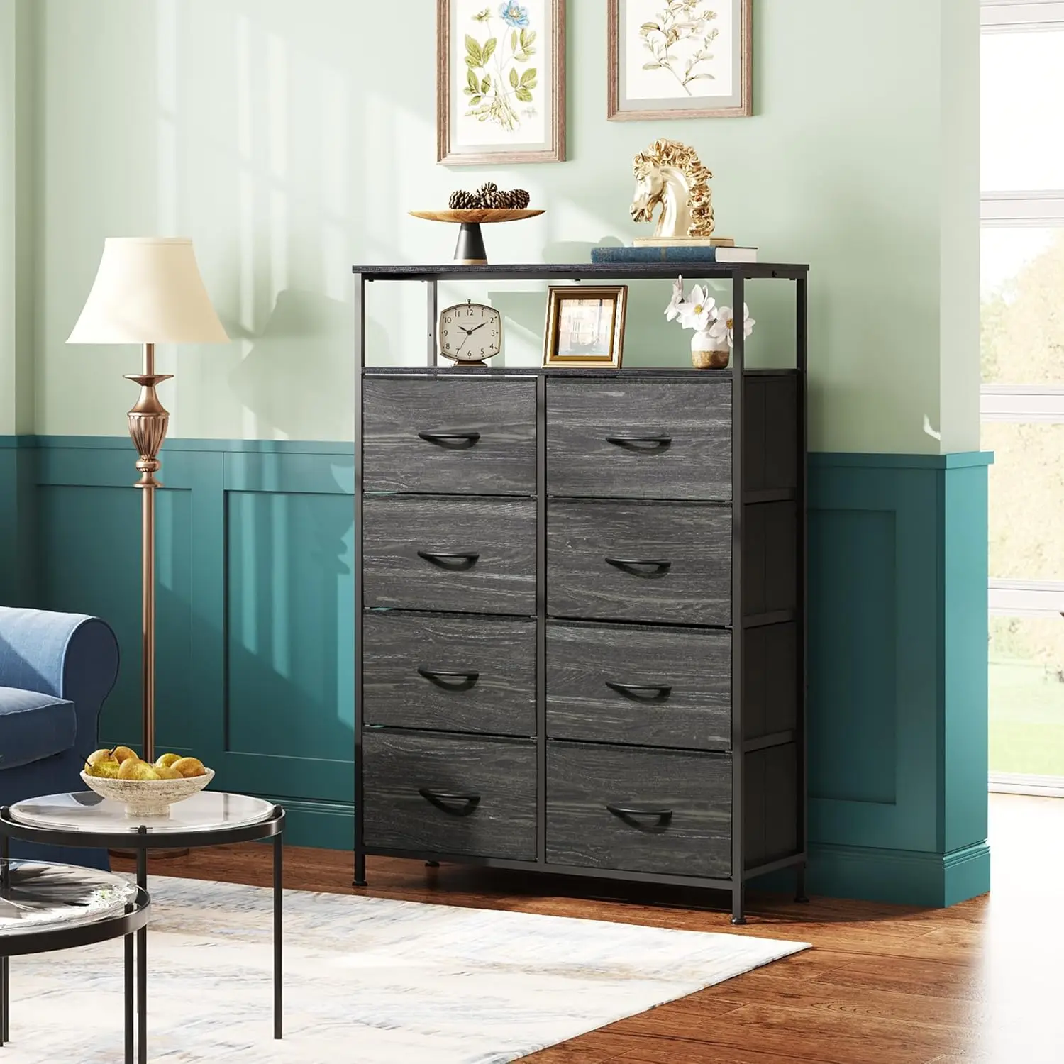 Fabric Dresser for Bedroom with Open Shelves, Tall Dresser with 8 Drawers, Storage Tower with Fabric Bins, Chest of Drawers