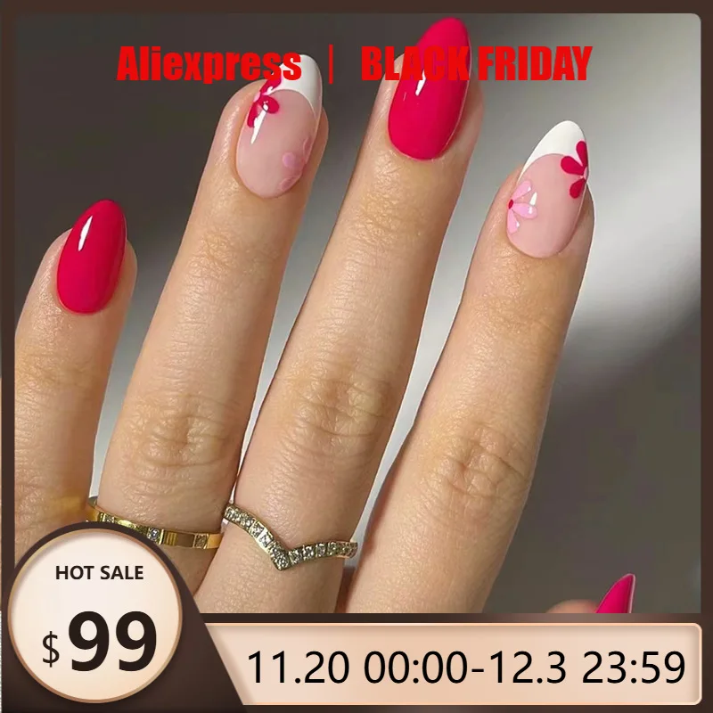 

24 шт., накладные ногти, чистый цвет, розово-красный, с французским цветком, для женщин и девочек, короткие миндалевидные съемные носимые ногти, повседневная одежда