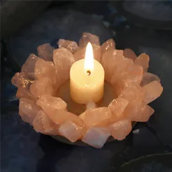 Ore Rock Natural Rose Quartz Candle Holder Reiki Healing Pink Crystals Cluster Candle Stand Wedding Ornament Aromatherapy Amulet