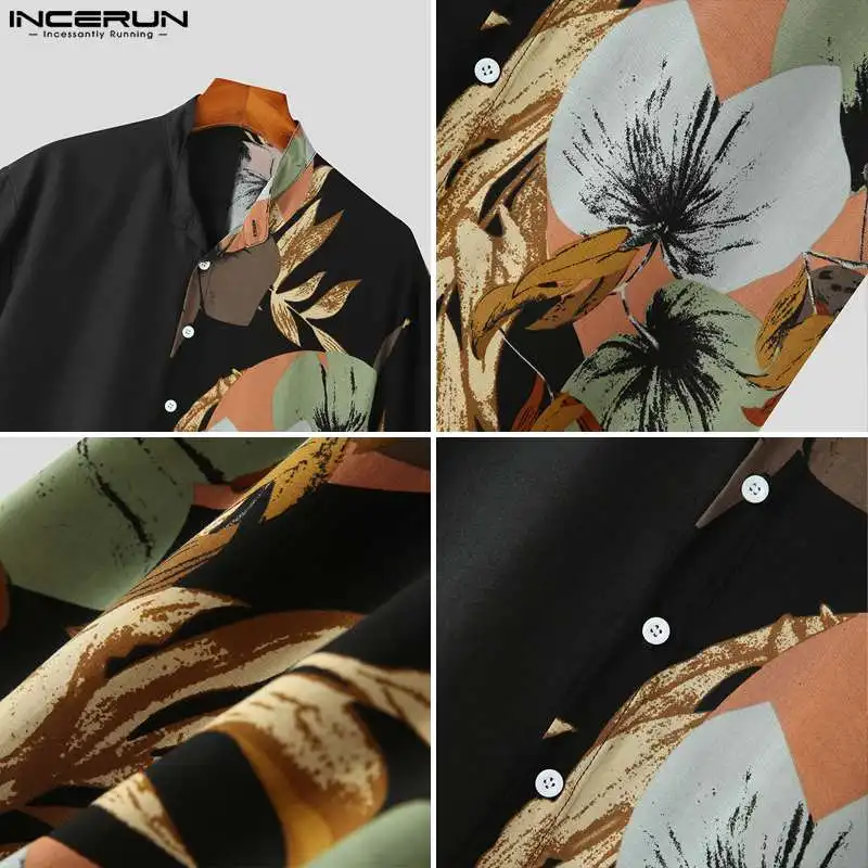 INCERUN Tops 2024 Korean Style New Men Simple Two Color Patchwork Blouse Casual Plant Pattern Printed Short Sleeved Shirts S-5XL