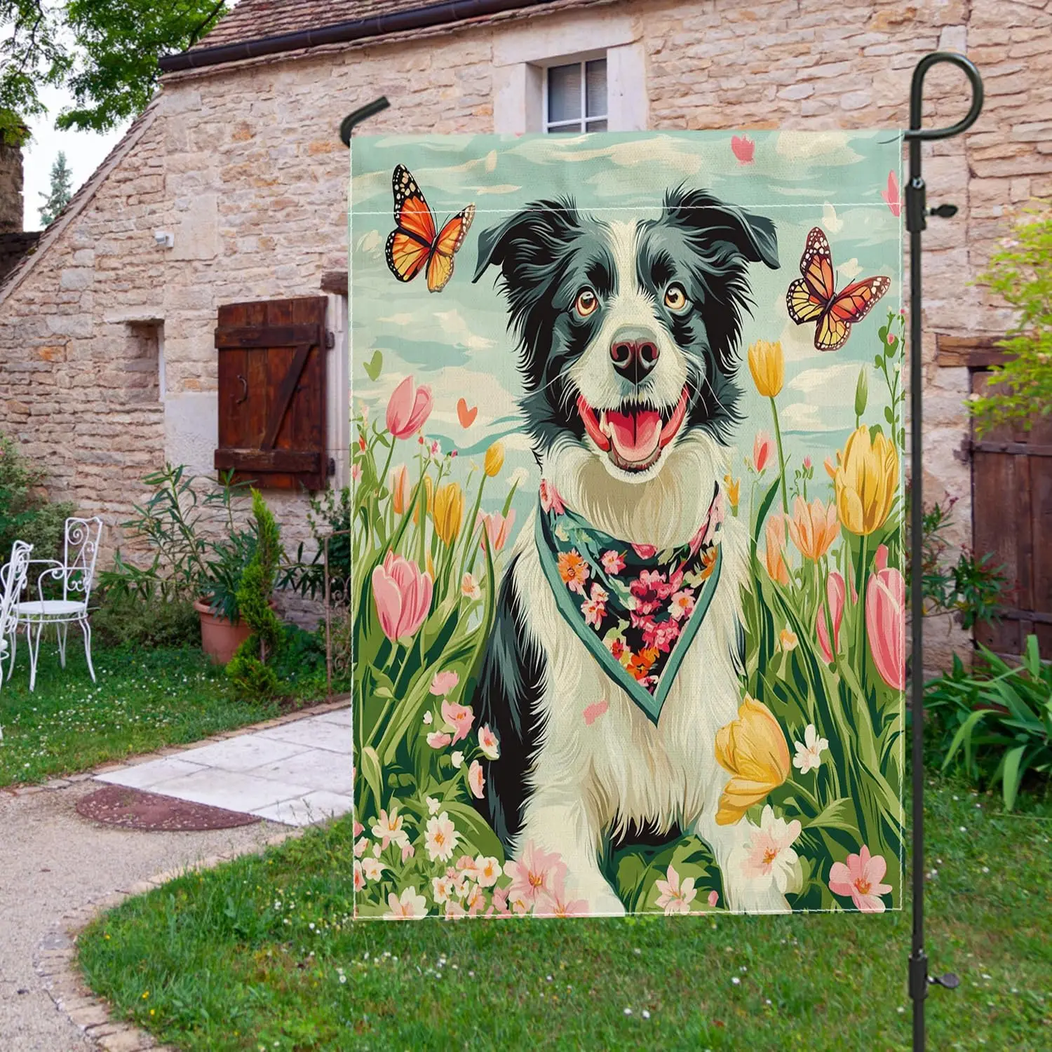 Spring Border Collie Dog Garden Flags 12x18 Inch Double-Sided for Outside, Vintage Flowers Floral Linen Burlap Lawn Flags, P uui