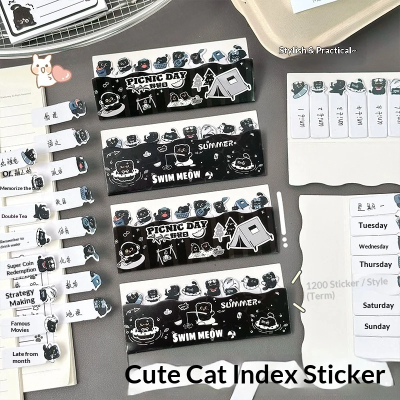 1/2/6 Stück Niedliche Schwarze Katzen-Haftnotizen, Selbstklebende Index-Tabs für Notizbuch-Seitenmarkierung, Schüler- und Bürobedarf