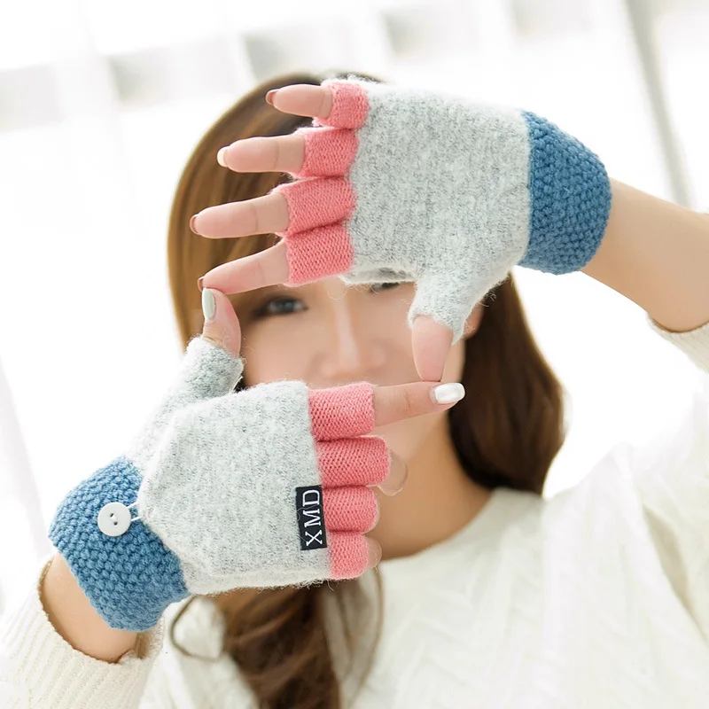 Fingers Free Wool Gloves Women Knitted Flip Fingerless Exposed Finger Thick Gloves Mittens Winter Warm Thickening Women Glove