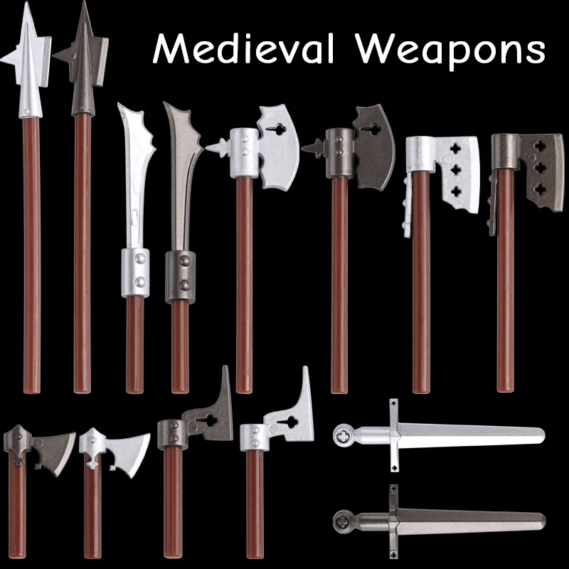 Mittelalterliche Soldatenfiguren, Zubehör, Bausteine, Burg, Militärkrieger, Schwert, Kampf, Axt, Speer, Handstück, Bausteine, Spielzeug