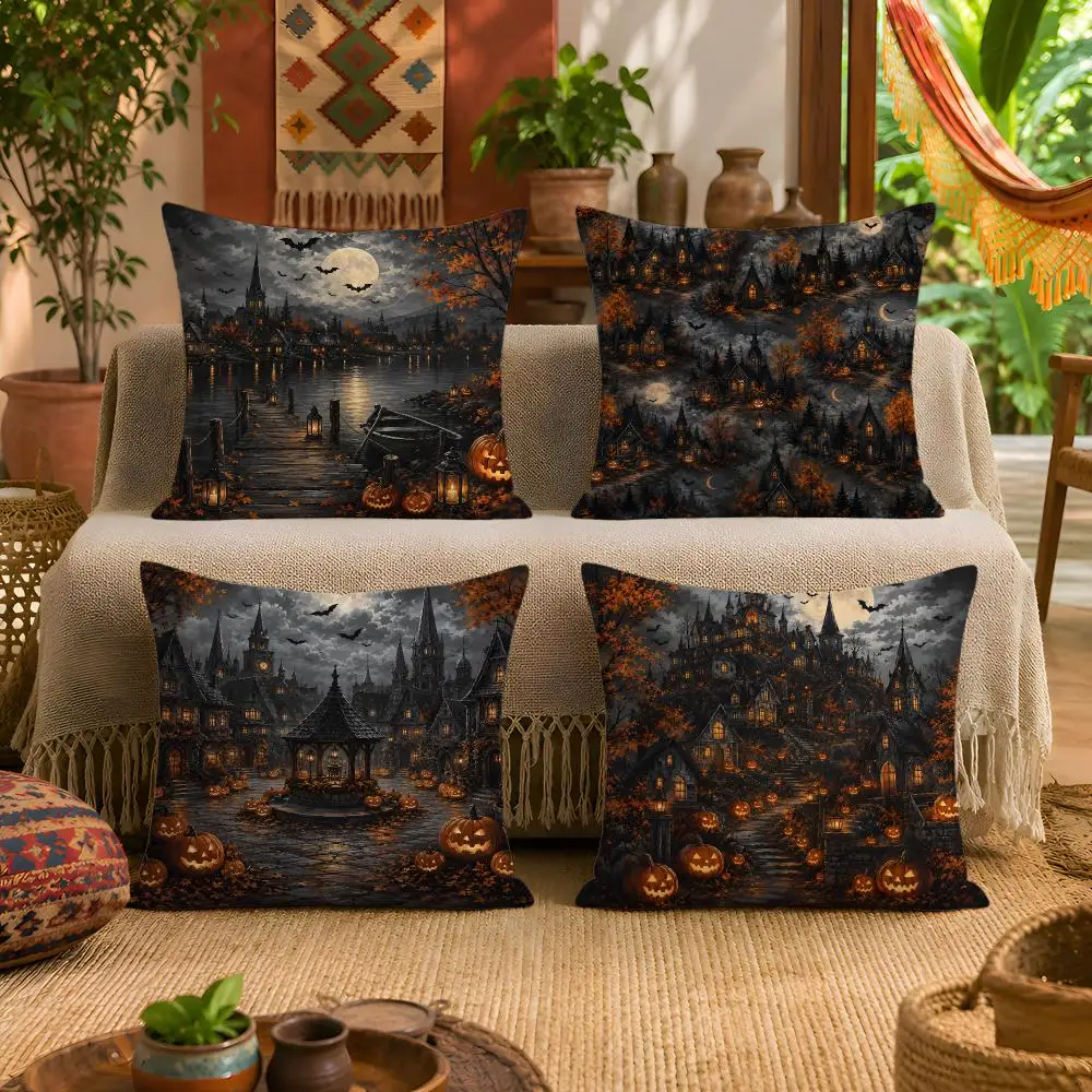 Halloween Haunted Village Cushion Cover 1pc Square Plush Pillow Cover Soft Fuzzy Removable Washable Sofa Bed Bedroom Decor