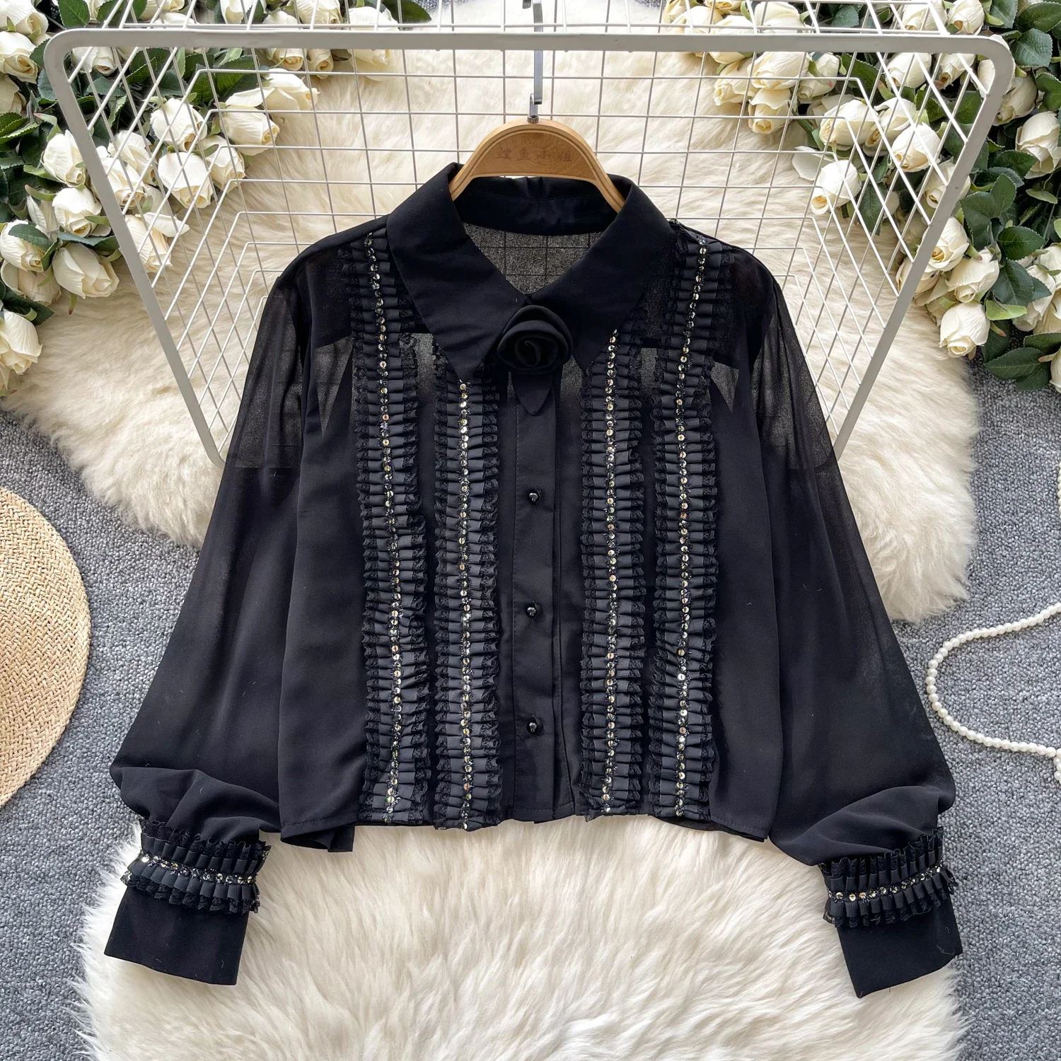 Basics Polo-neck Elegant Ear Fungus Edge Rhinestone Vintage Long Sleeve Loose Top French Streetwear High Street Autumn Blouse