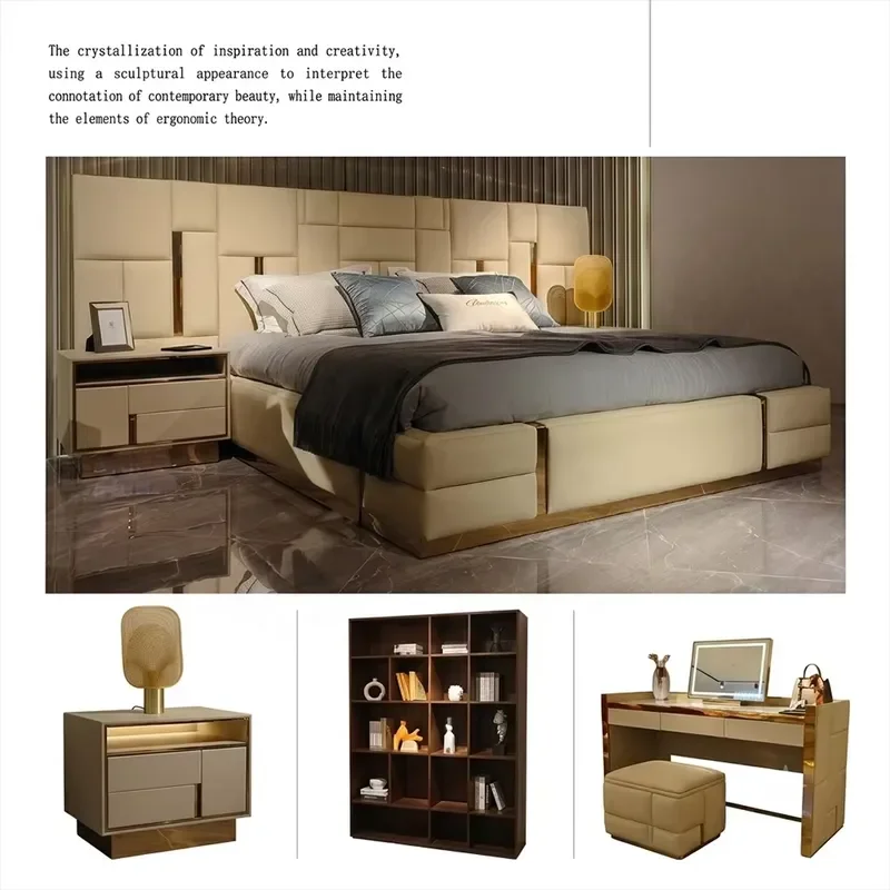 King Size Bed Set Modern Dressing Table Nightstand Bedroom Furniture Suite Master Room Decor High End Villa Design Style