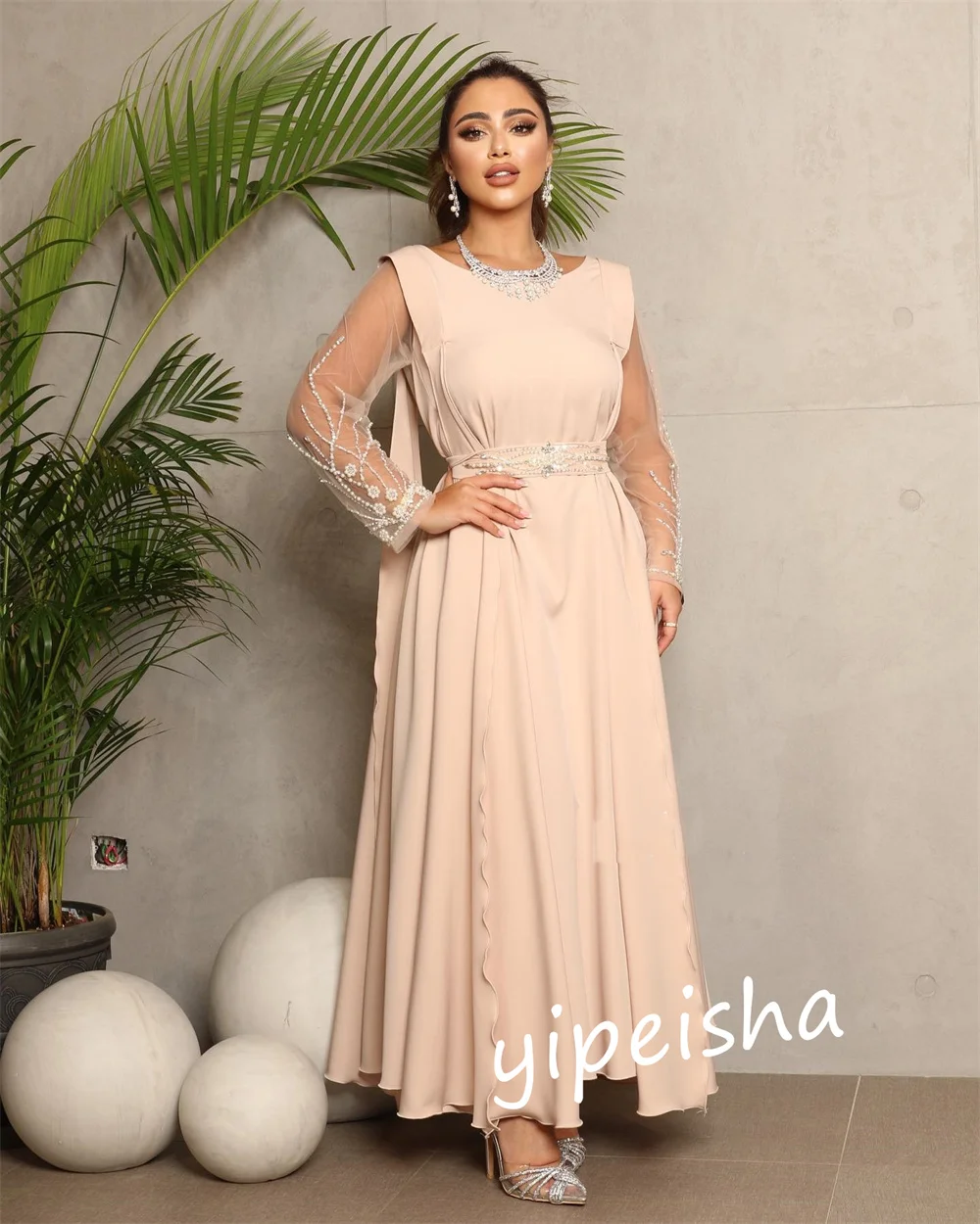 Customized    Saudi Arabia Jersey Pearl Sash  A-line O-Neck Bespoke Occasion Gown Midi es  Dresses 