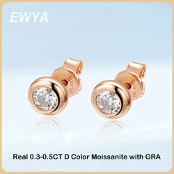 EWYA Round Bezel 0.3/0.5CT Moissanite Earrings for Women S925 Silver Plated 18K Rose Gold Pass Diamond Test Bubble Ear Studs